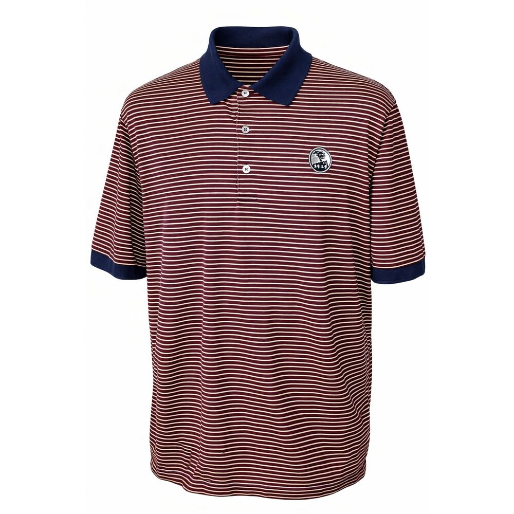 PEBBLE BEACH CLASSIC Mens L Golf Polo Shirt Stripe Burgundy Navy 1919 Logo Italy